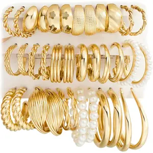 Gold Hoop Earrings Set for Women, 18 Pairs Hypoallergenic Statement Open Pearl Hoops Earring for Multipack, Gold Chunky Hoop Earrings for Women Trendy Jewelry