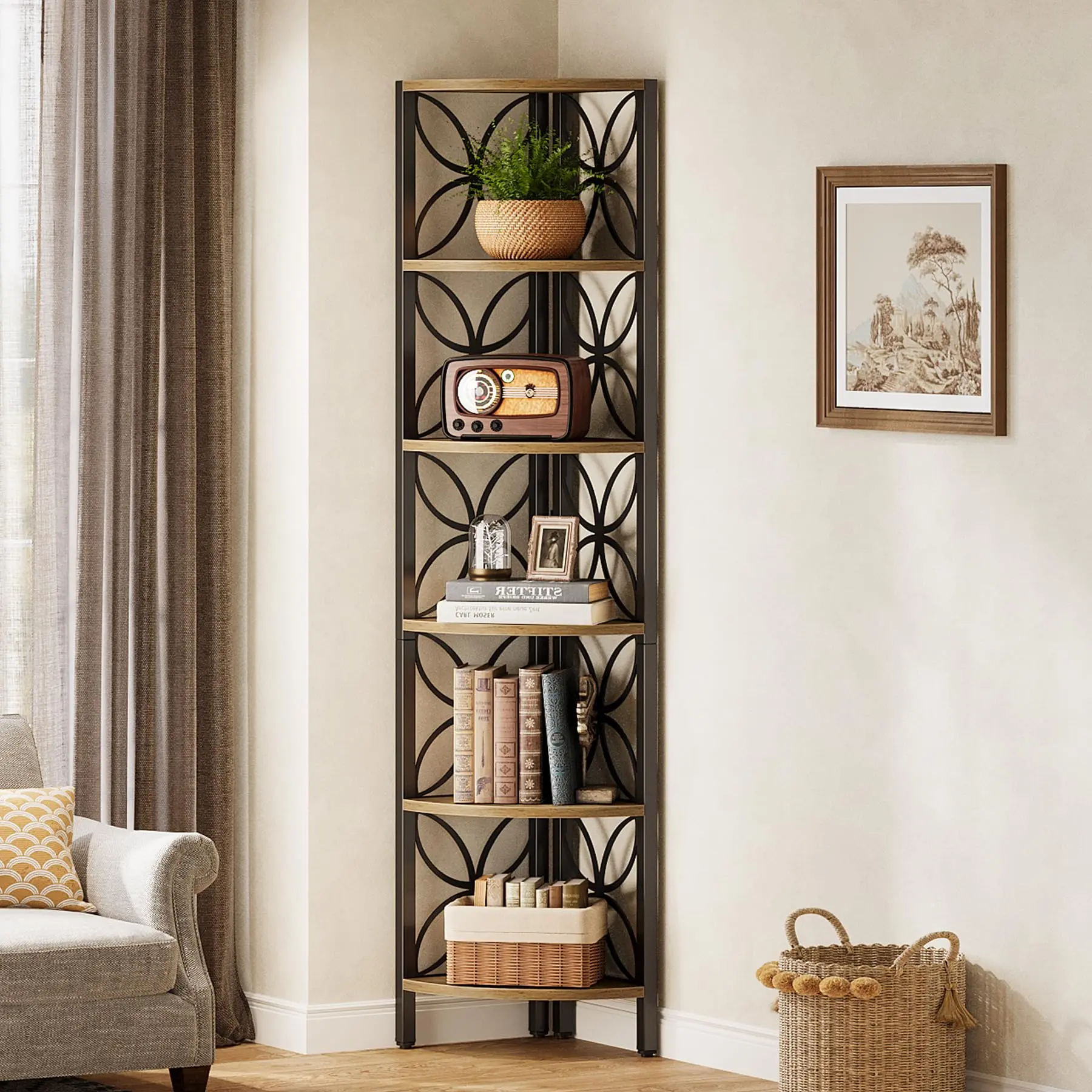 Tribesigns 6-Tier Rustic Corner Bookshelf, Industrial Wooden Shelf for Living Room, Plant Stand and Storage Rack