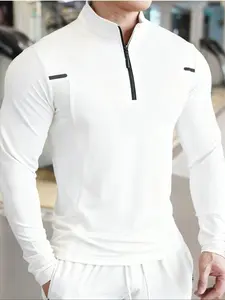 Men's Half-Zip Long Sleeve Tight-Fitting Sports Shirt with Reflective Strips, Soft Stretch Quick-Dry Gym Workout Top, Athletic Style Activewear