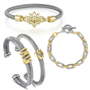 Aprilery Mixed Metal Cuff Bracelet Set - Elegant Twisted Cable & Bold Chain Link Jewelry for Women, Timeless Design with Golden Highlights
