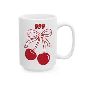 999 Angel Number Cherries Ceramic Coffee Mug - Cute Novelty Cup, Coquette Bow Kawaii Glossy Washable Reusable White 11oz-15oz Kitchen Drinkware for Daily Use, Cute Novelty Mugs