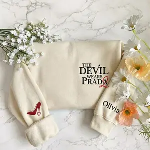 The Devil Wears Custom Name Crewneck, Personalized Red High Heel Embroidered Shirt, Luxury Pop Culture Embroidery Sweatshirt.