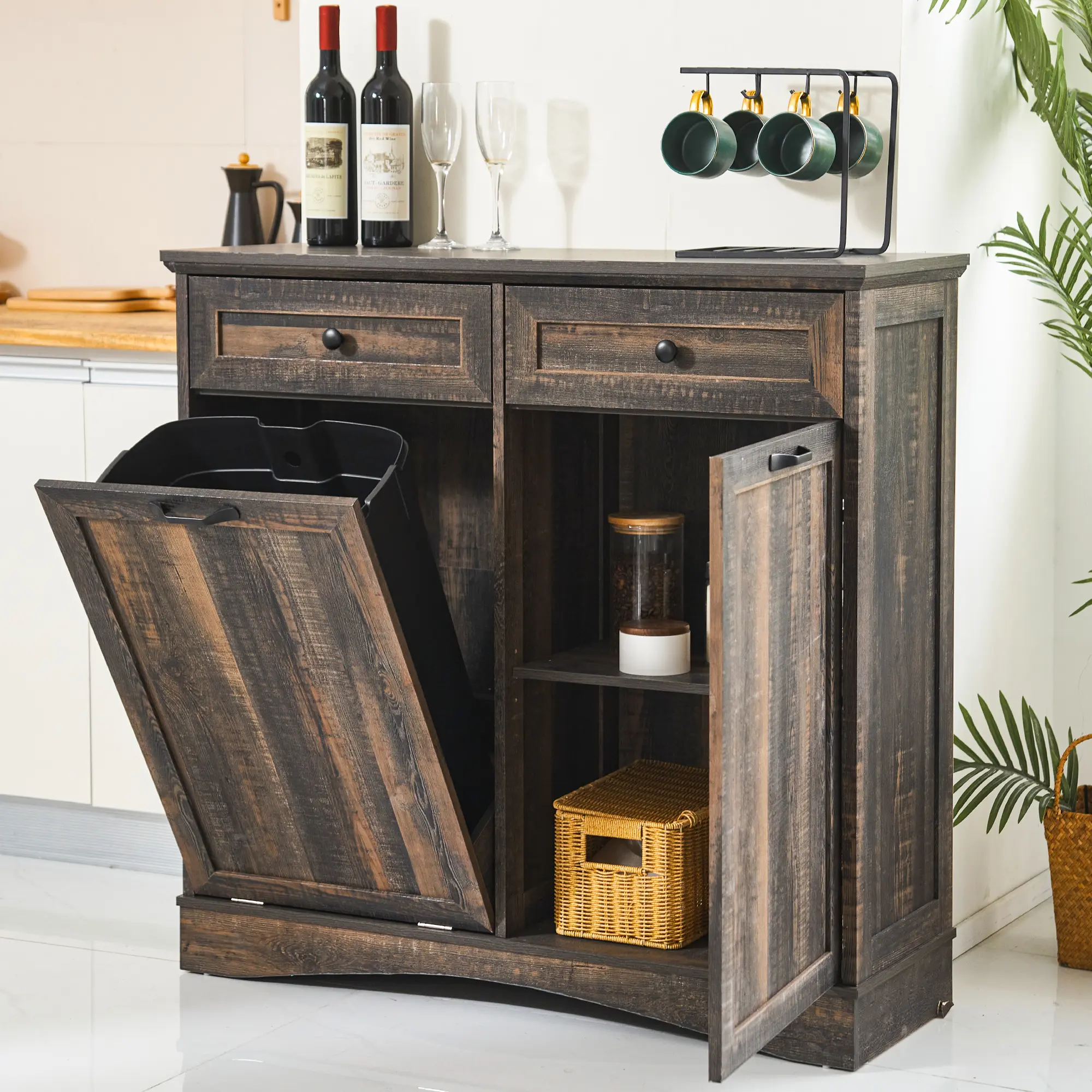 AHB 13 Gallons Tilt Out Trash Cabinet Freestanding Kitchen Trash Cabinet with Hideaway Drawers Pet Proof Trash Can for Kitchen Dining Room Living Room Storage Furniture homeessentials