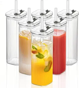 4/6/8pcs Square Glass Cups with Lids, 13oz, Perfect Coffee Cups, Include Straws, Gift for Cup Collectors, Great for Office, Home, School, And Outdoor Use, Weddings, BPA-Free