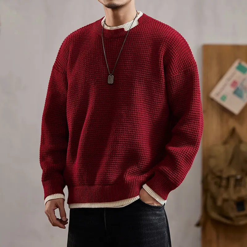 Men Waffle Knit Fake Two Piece Contrast Trim Crew Neck Sweater, Soft Loose Drop Shoulder Textured Pullover Top, Minimalist Cleanfit Lazy Layering Knit Shirt for Spring Fall Daily Commute#SpringVibes#CleanfitStyle