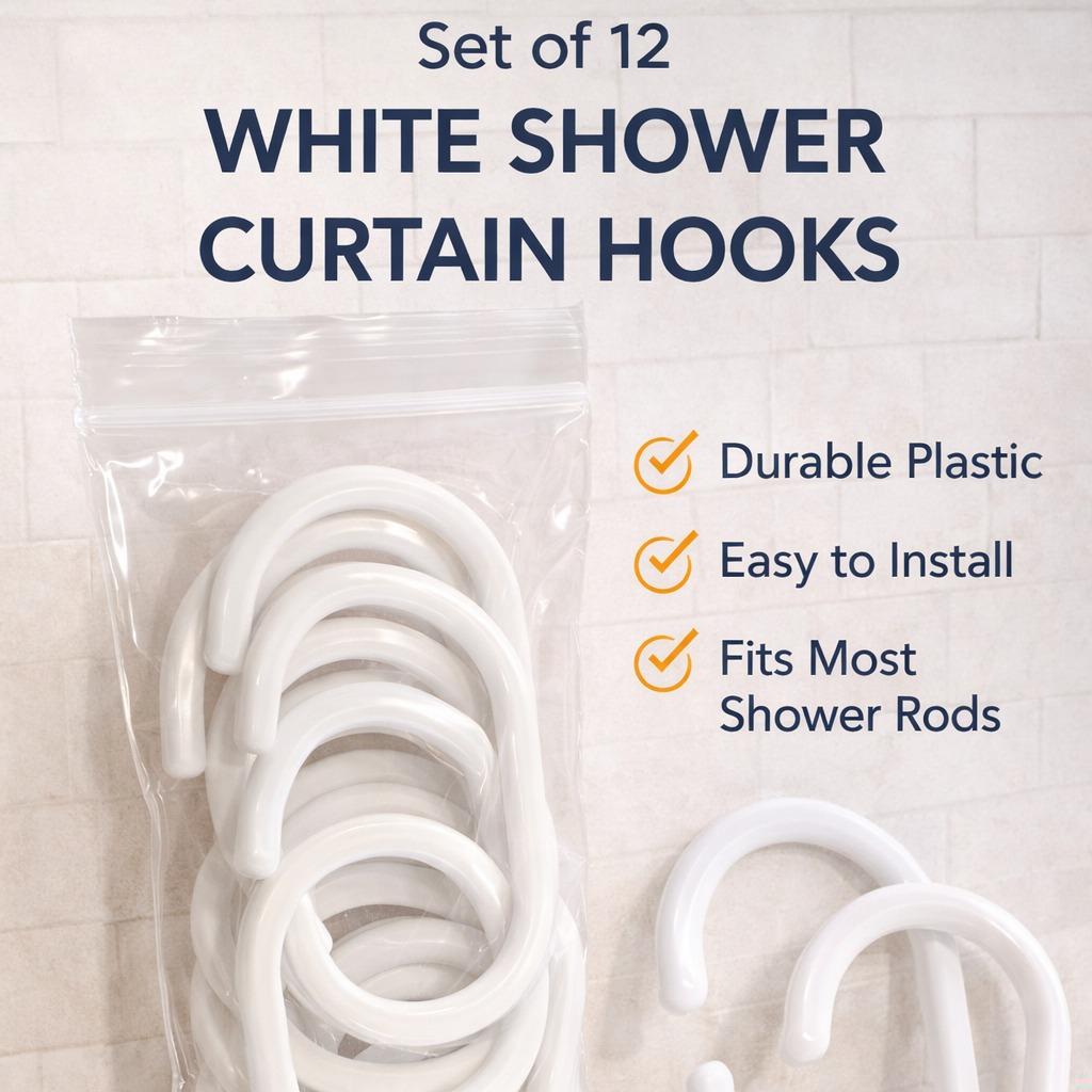 12-Pack Rust-Resistant Shower Hooks Smooth Glide Durable Plastic Universal Fit for Bathroom Easy Install Remove Lightweight Sturdy