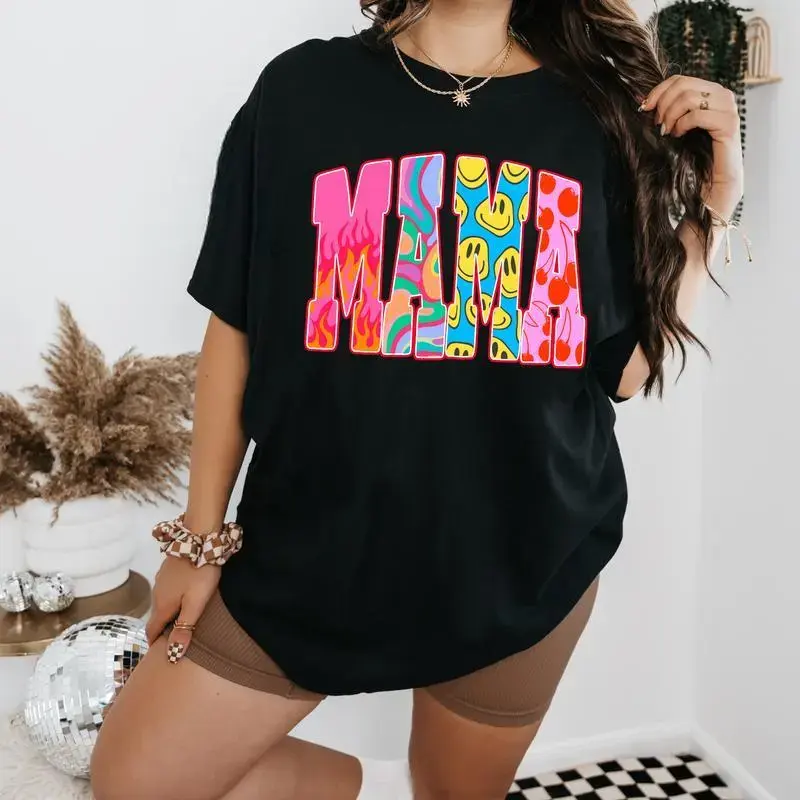 Women's Retro Mama Graphic T-Shirt - Lightweight Soft Fabric Slim-Fit Casual Round Neck Top with Groovy Print, Stylish Wardrobe Staple for Everyday Wear, Style, Tshirt, Wardrobe Staples, Lady, Sleeve, 80S Aesthetic, Ootd Ideas, Bold Retro Graphic