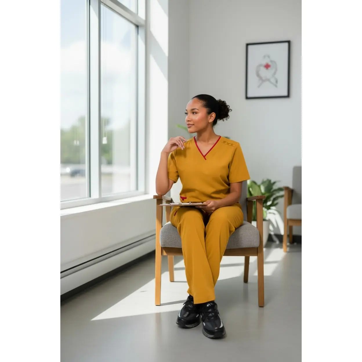 Golden Mustard Women's Scrub Set, V-Neck Top and Straight-Leg Pants with Red Trim, Drawstring Waist for Everyday Medical Wear, Statement, Comfortable, Lady, Clothes, Workday Wear, Unforgettable, Bold And Cheerful, Straight Legs