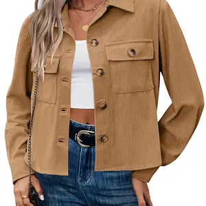 Women‘s Fashion Cropped Corduroy Shackets Button Down Jackets Tops Fall Trendy Lightweight Long Sleeve Shirts