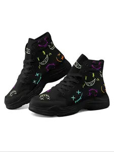 Men's Gothic High-Top Sneakers, Graffiti Smile Print Streetwear Shoes for All Seasons, Punk Lace-Up Casual Trainers, Footwear