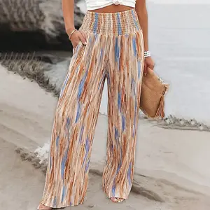 2026  Women's Tie Dye Print HighWait Shirred Elastic Waist Pleated Wide LegPants