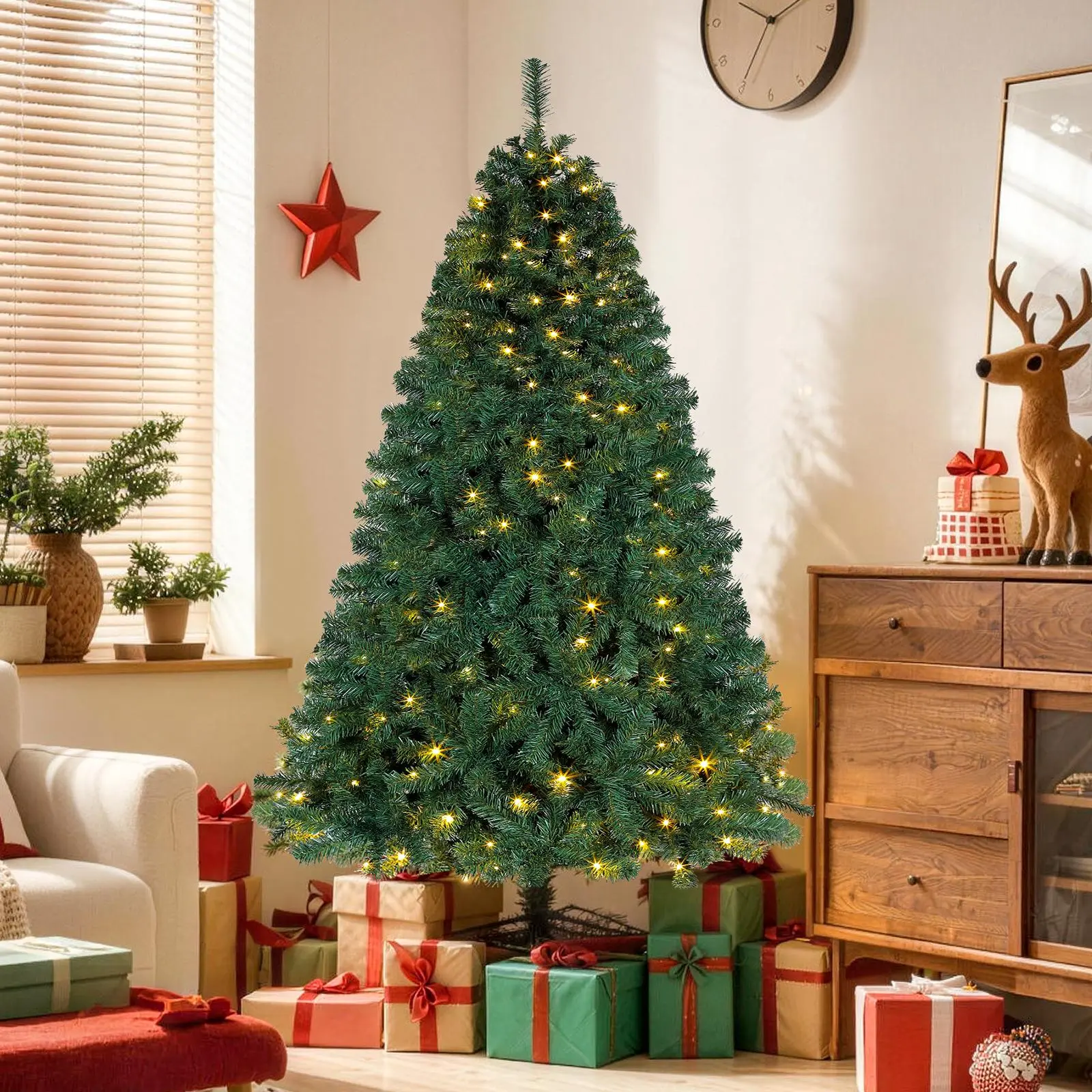 Okicoler 6.5FT Pre-Lit Multicolor Artificial Christmas Tree - 250 LED Lights, 11 Lighting Modes, 1000 Branch Tips, Foldable Metal Stand, Indoor Home Festive Decor Supplies, Insert