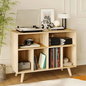 39" Record Player Stand with Vinyl Storage, Record Player Cabinet Holds Up to 350 Albums, Wood Turntable Stand Cube Storage Organizer with Charging Station for Living Room