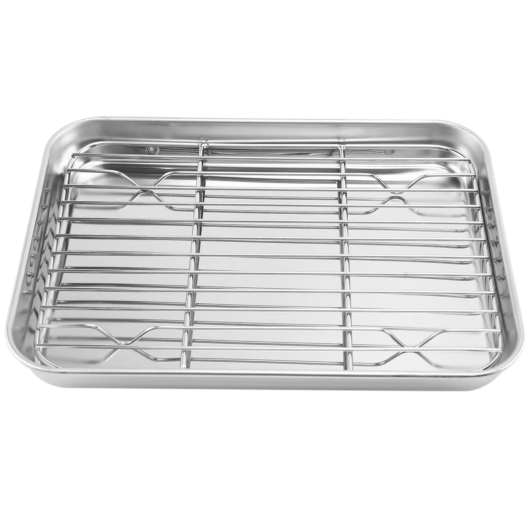 9-Inch (23x17x2.5cm) Stainless Steel Toaster Oven Tray and Grid Rack Bakeware Set - Non-Toxic Smooth Baking Pan, Cooling Rack, Fast and Uniform Heating & Cooling, Dishwasher Safe