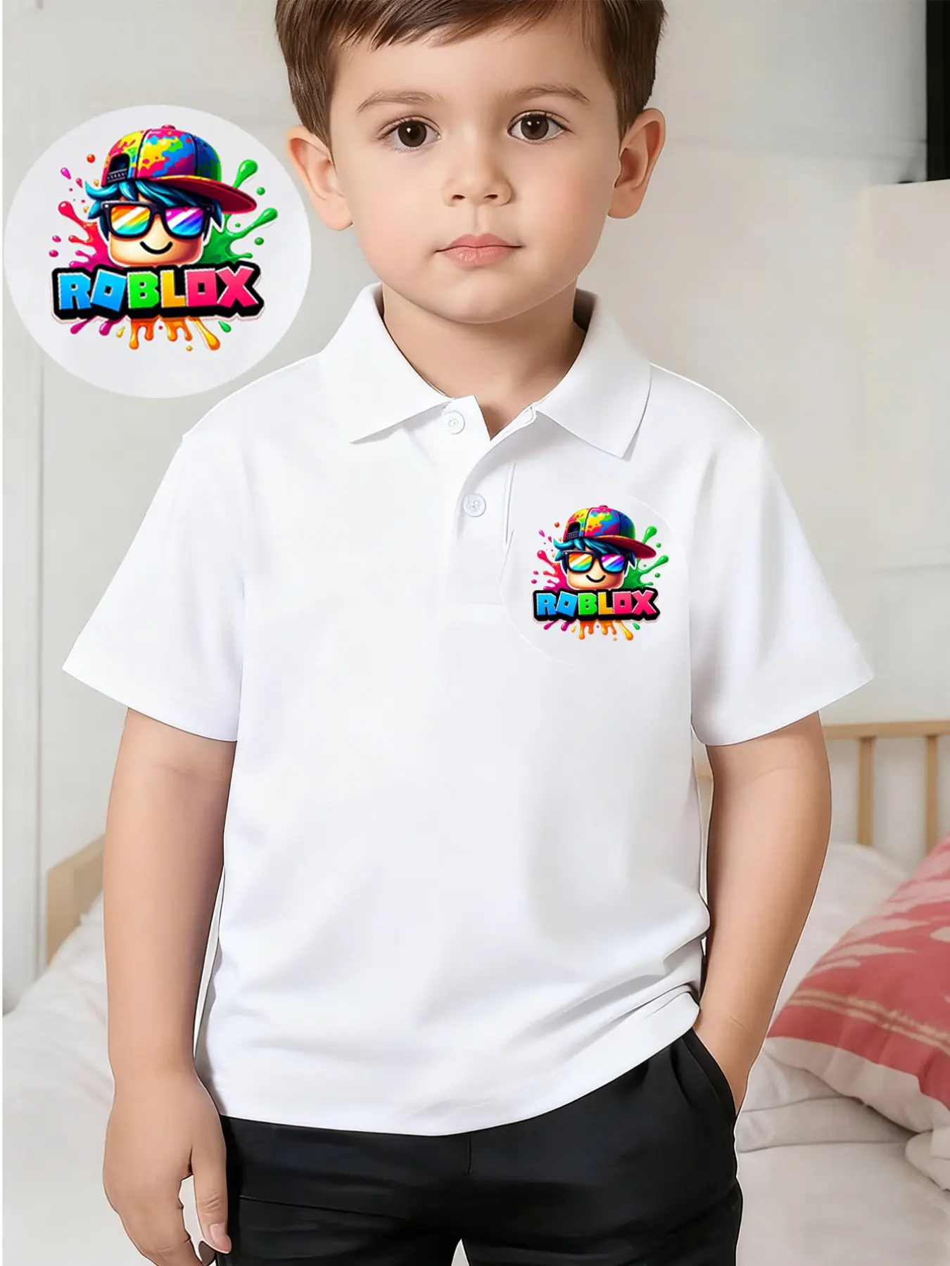 Colorful Roblox Roblox Printed Children's Knit Polo Shirt - Boys And Girls - Summer Casual Fashionable Comfortable Daily Multi-Complimentable V-Neck Top - Short Sleeve - Graphic Shirt - Ideal Gift Choice
