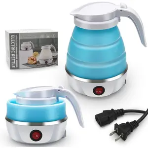 Small Foldable Portable Electric Travel Kettle Silicone Collapsible Heating Water Boiler Tea Pot for Camping Easy Storage with Separable Power Cord Blue pro