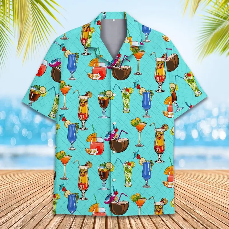 Men's Tropical Cocktail Fun Drink Print Short-Sleeve Button-Down Shirt, Floral Hawaiian Aloha Style, Valentines Day Holiday Wear, All Seasons Casual Cold-Wash Beach Attire