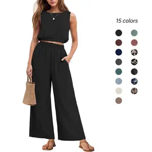 GRECERELLE Two Piece Sets for Women Sleeveless Crop Top Wide Leg Pants Sweat Set for Women Tracksuits 2026 Summer