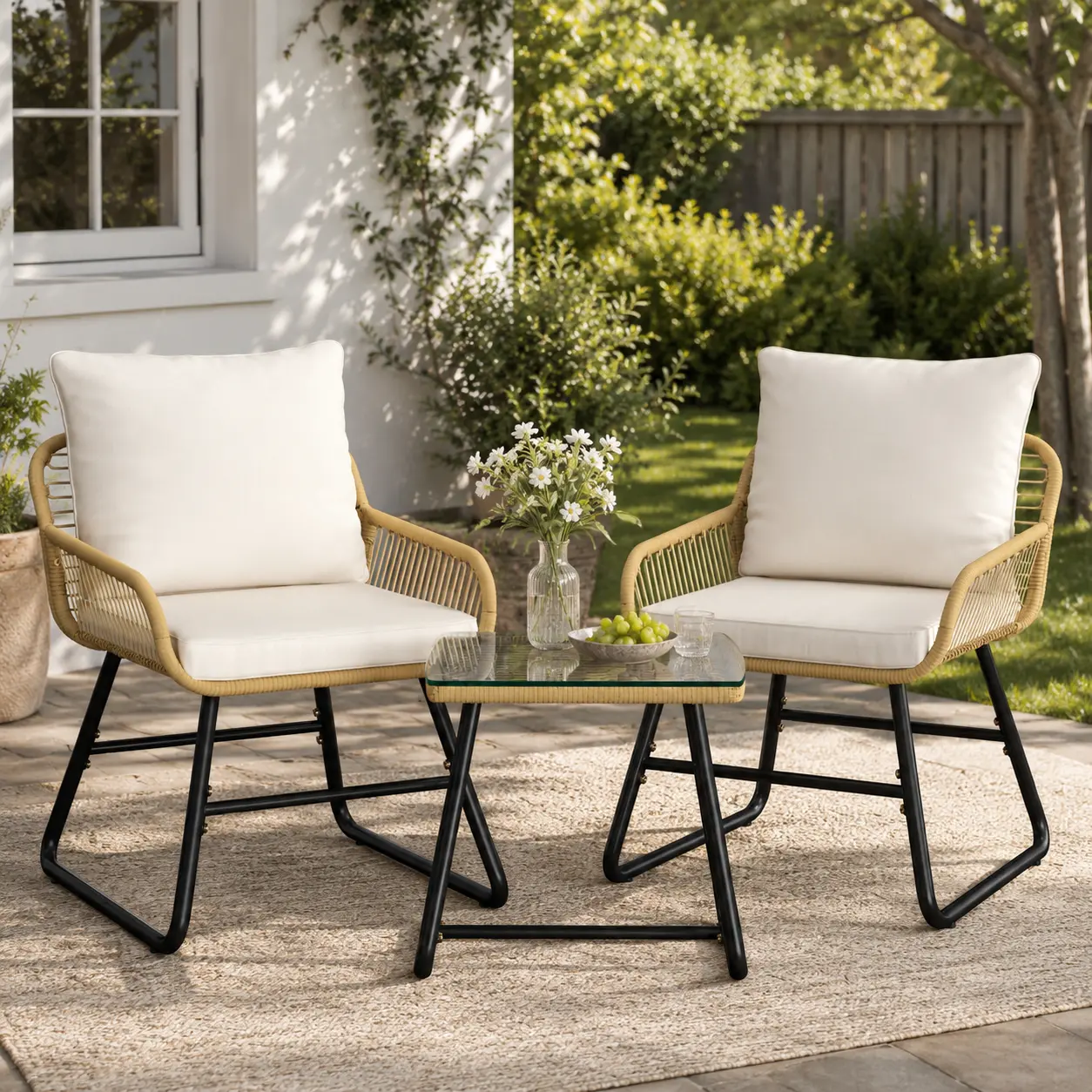 Costoffs 3-Piece Outdoor Wicker Bistro Set - Outdoor Furniture Set, Rattan Patio Furniture with 2 Chairs and Glass-Top Table for Balcony, Backyard, Patio Furniture Sets