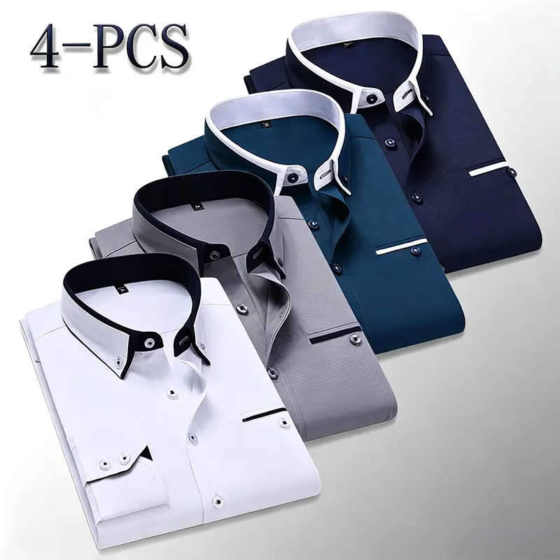Men’s 4-Pack Slim-Fit Wrinkle-Free Oxford Button-Down Long-Sleeve Dress Shirts - Year-Round Plain Tops for Business, Casual (White, Gray, Dark Blue, Diamond Blue), Chic