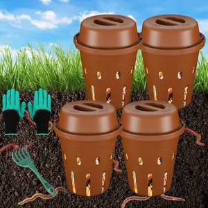 Mini Inground Underground Worm Composter, Outdoor Worm Compost Bin for Garden Beds Food Waste, Vermicomposting Bin for Beginners, 7x7x7.4Inch Tan 4-Pack
