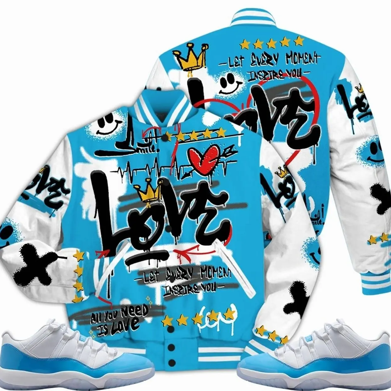 11 Low University Blue Varsity Jacket, Low University Blue 11s Outfits, Happy Love Beats Graffiti Outfits Streetwear Sneaker Matching Shirt