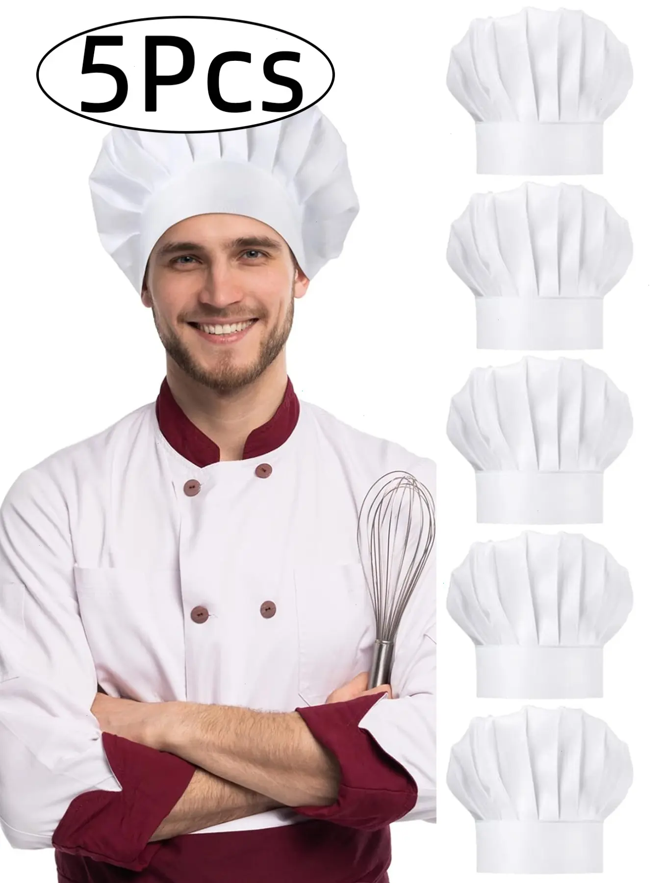 Adult Chef Hat Set (5 Pcs), Adjustable Elastic Chef Hats, Kitchen Cooking and Baking, Multi-Color, Versatile, Casual Loose-Fitting, Elastic Band