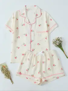 Women's Floral Print Crop Shirt & Shorts Pyjama, Casual Comfy Short Sleeve Collared Top & Shorts PJ Set, Ladies Sleepwear for Summer, Loungewear, Pajamas