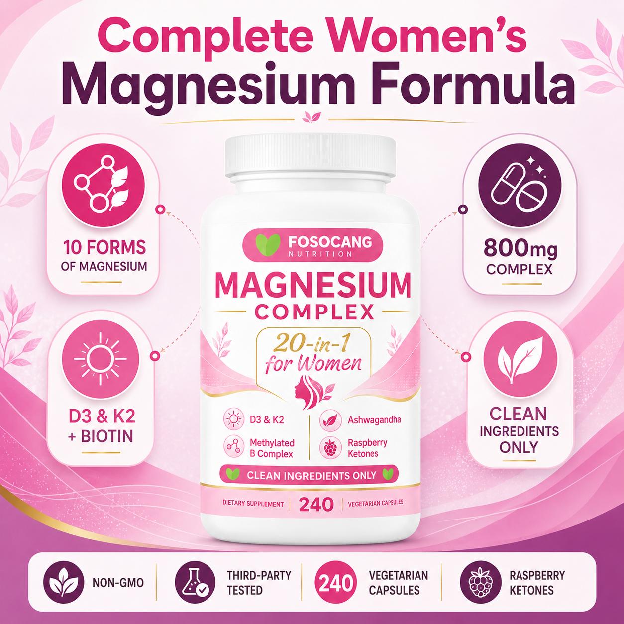 FoSoCang Magnesium Complex for Women, 240 Vegetarian Capsules | 20-in-1 Formula - Magnesium Blend with Vitamin D3, K2, Ashwagandha & More | Filler Free, Non-GMO / Healthcare,Dietary,Supplement,Edible,Bathroom,Optimum,Fitness pene fits