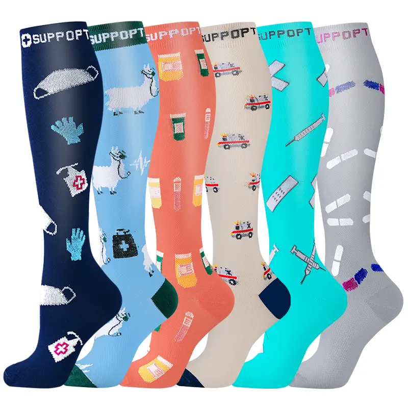 Women's 15-20mmHg Compression Socks, 6-Pack with Graphic Medical Prints, Reinforced Heel and Toe & Moisture-Wicking Fabric, Compression Socks Women, Six Pairs