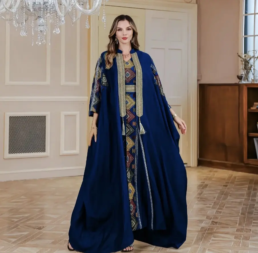 Women's 2-Piece Beaded Abaya Set - Embroidered Geometric Patterns, Beadwork, Elegant Modest Design, Muslim Fashion, Abaya Fashion, Islamic Modest Clothing, Embroidery Abaya