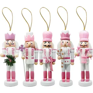 Mini Wooden Nutcracker Figures Hanging Ornaments for Xmas Tree Christmas Festival Party Decor (Pink, 5PCS)