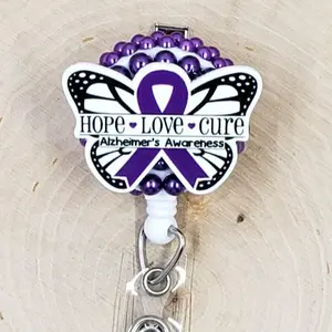 Alzheimer's Awareness Retractable ID Badge Reel | Butterfly Dementia Memory Loss Caregiver Purple Ribbon | Teacher Nurse Medical Hospital Badge Holder