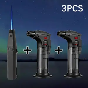 3pcs Torch Lighter, Butane Fillable Lighter, Single Spray Flame Windproof Torch Lighter, Multifunctional Mini Gas Lighter for Candles, Fireplace, Camping, BBQ, Kitchen (Butane Free), Without Battery