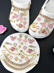 Heart Butterfly Ballet Girl Hole Shoes Flower Decoration Set, Cute Rhinestone Metal Chain Style, Women Summer Shoe Accessories