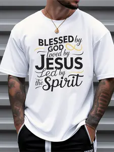 Men's Religious Faith T-Shirt - God's Blessing, Jesus' Love, The Holy Spirit's Guidance Inspirational Print,  Cotton Short-Sleeved Round Neck T-Shirt, Comfortable Clothing for Daily Outdoor Wear in Spring And Summer, Daily Casual Wear