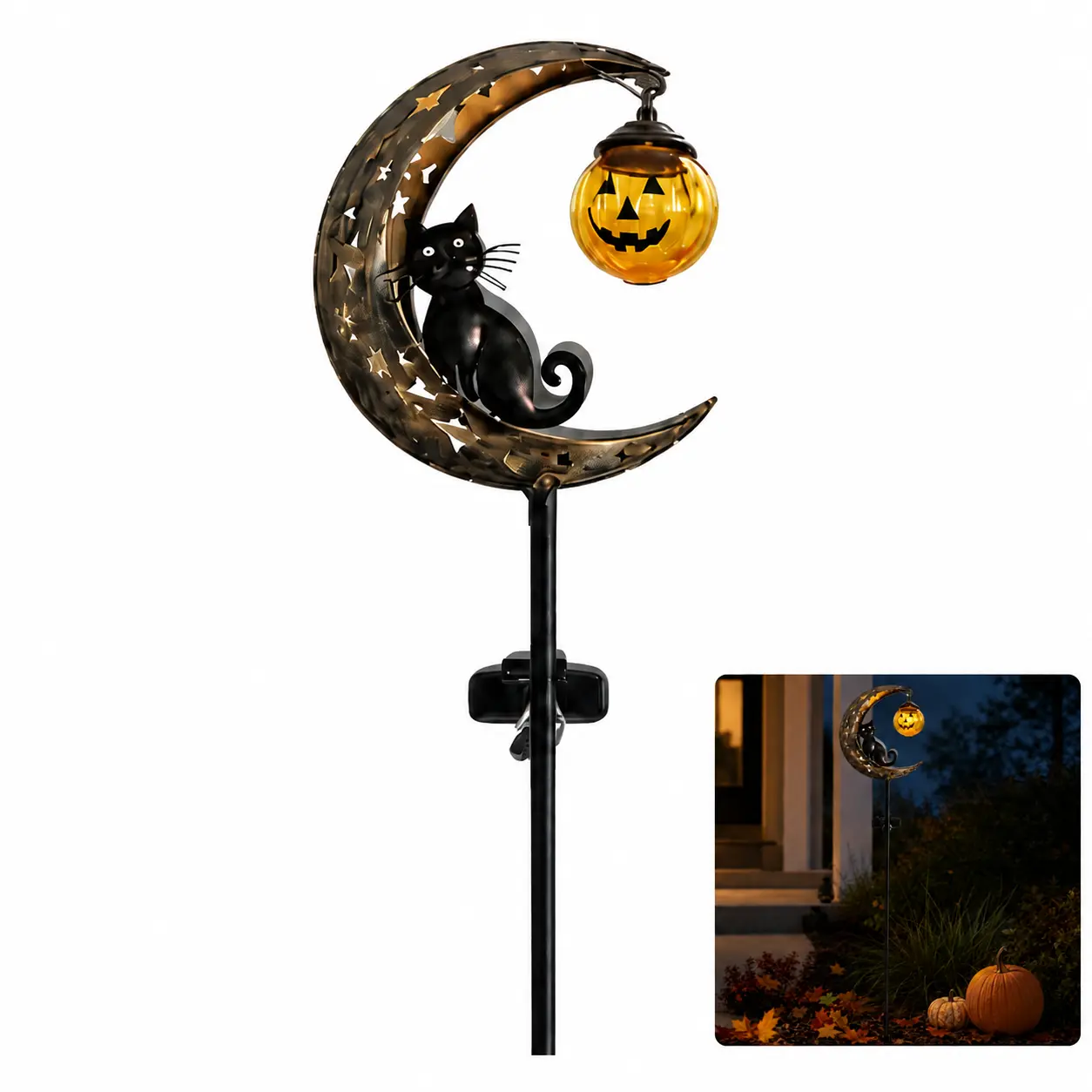 Halloween Solar Outdoor LED Garden Stake Lights-Waterproof Black Cat, Crescent Moon, Metal Jack O' Lantern Fairy Lights with Auto On/Off, Night Glow for Yd Patio Walkway, Gothic Spooky Decor Gift for Home Improvement Garden Supplies (A+B)