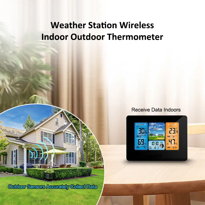 Wireless Weather Station for Camping, Modern Digital Indoor-Outdoor Thermometer with Atomic Clock, Calendar, Sleek Design, Seamless Integration, Synchronized Time, Temperature & Humidity Monitoring, Easy Installation, Modern Tech to Home Decor