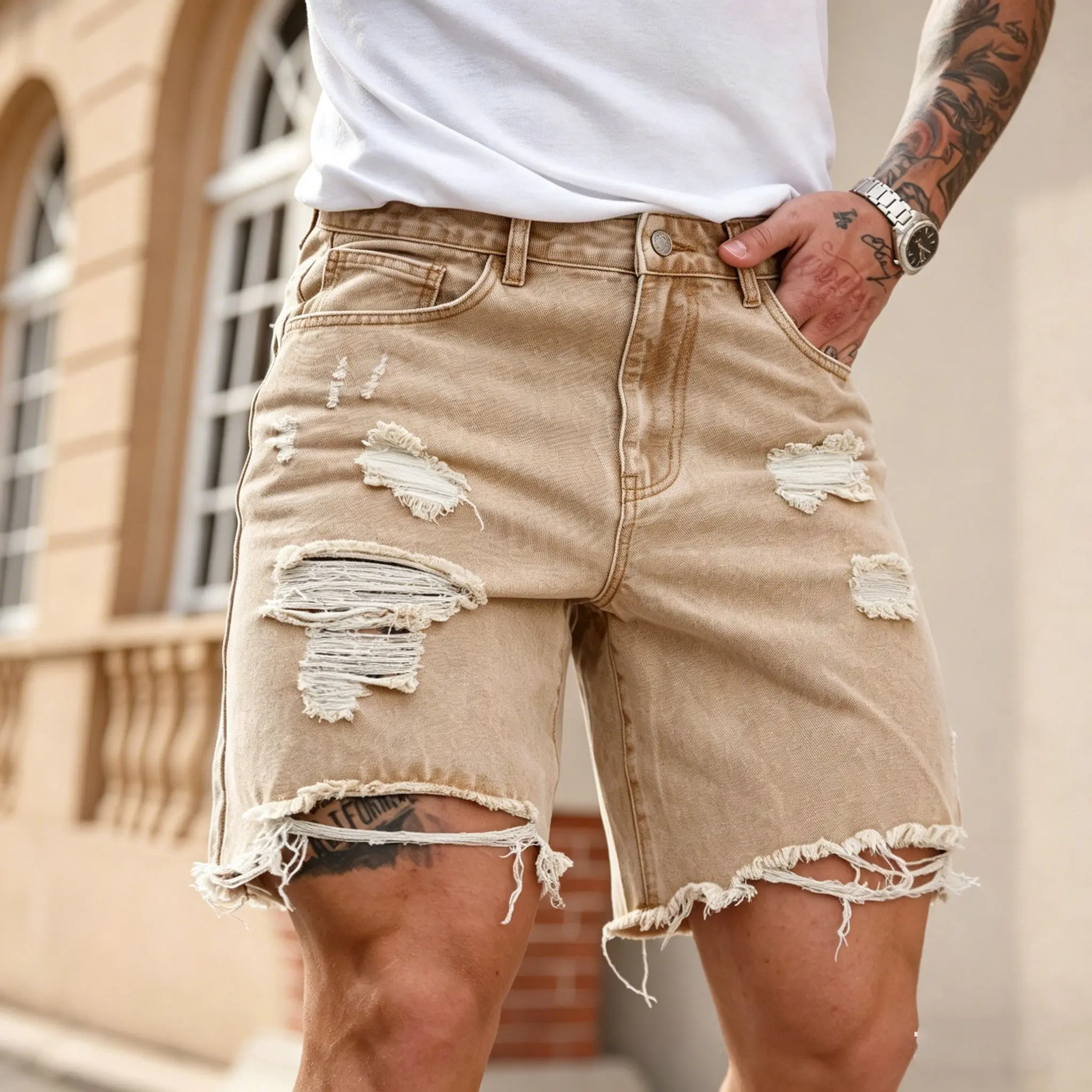 Men's Baggy Khaki Denim Jorts,Casual Loose Fit Ripped Distressed Jean Shorts,Retro Y2K Streetwear Wide Leg Skater Shorts,Summer Mud Wash Outfits