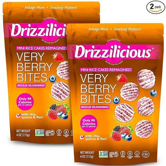 Drizzilicious Mini Flavored Rice Cakes Very Berry - Rice Crisps, Healthy Snack for Adults and Kids, Vegan, Gluten Free Snack, Allergen Free, Only 90 Calories Per 21 Pieces - 4 oz (Pack of 2)