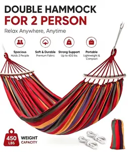 Striped Double Hammock for 2 Persons with Wooden Spreader Bar, Heavy Duty 450lbs Capacity, Portable with Carry Bag for Outdoor Camping & Travel, Portable Hammock