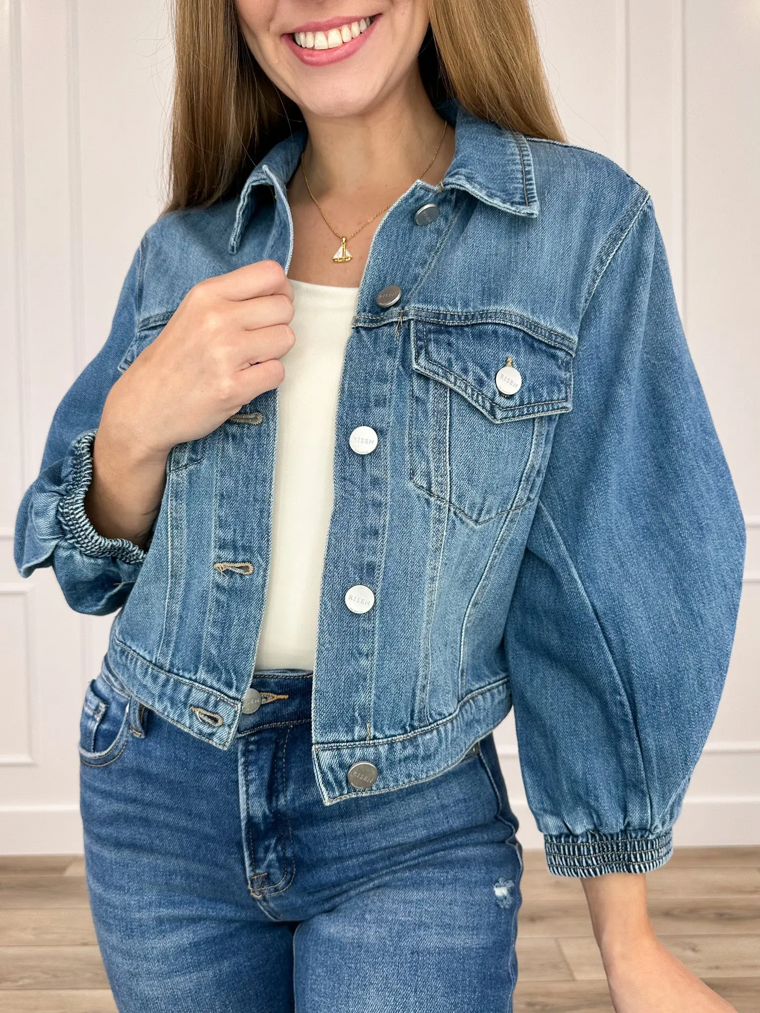 Women's Risen Isla Regular Cotton 3-Quarter Sleeve Cropped Denim Jacket, Three-Quarter