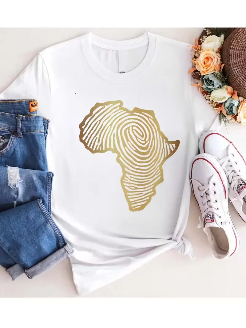 African Roots Fingerprint Africa Continent Map Graphic Tee Women Gold Melanin Black Pride T Shirt Casual Summer Short Sleeve Top
