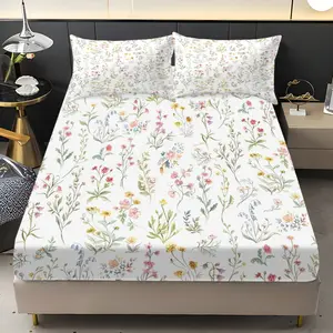 Three pieces with colorful ins-style floral patterns Print Bed Sheet Set (1 Fitted + 2 Pillowcases), Casual Style, Decorative Bedsheet Sets, Home Dormitory High-Definition Printing