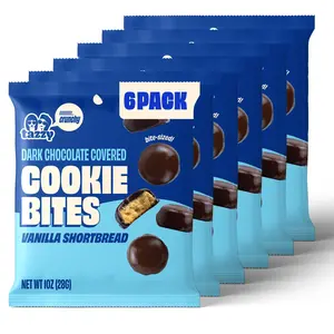 Tazzy Dark Chocolate Coated Shortbread Bites - 100% Real Butter, 6 Bags, Individual Serving Size, Crunchy Mini Cookies