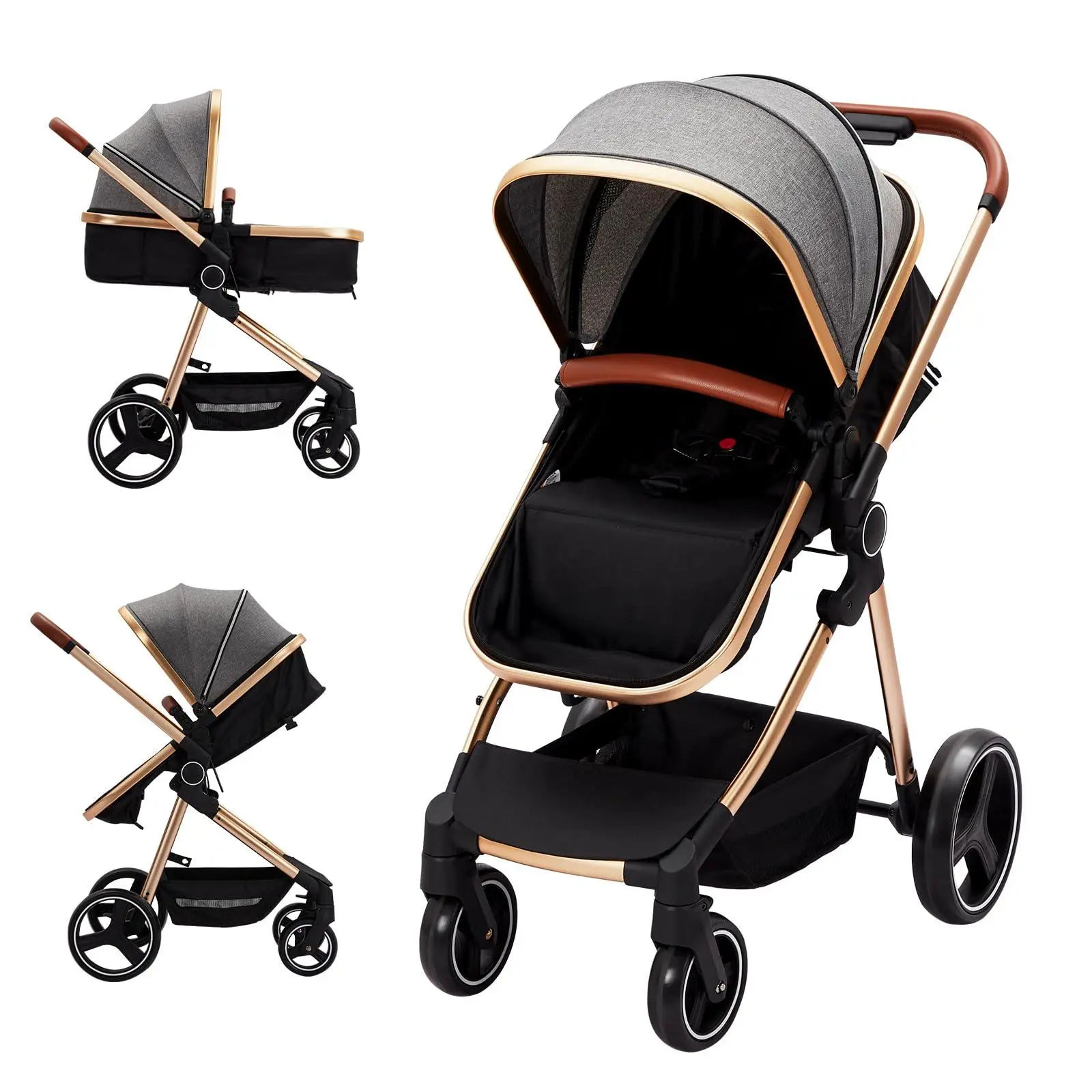 3-in-1 Reversible Baby Stroller, High Landscape Foldable Pushchair with Adjustable Backrest, Canopy & Foot Cover