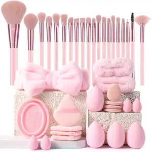 40PCS Multifunctional Makeup Tools Set, 20PCS Full Face Makeup Brushes, Makeup Sponges, Mini Sponges, Triangle & Mini Air Cushion Powder Puffs, Hairband, Hand Bowl Straps and Brush Cleaning Tool, Perfect for Daily Use and Travel