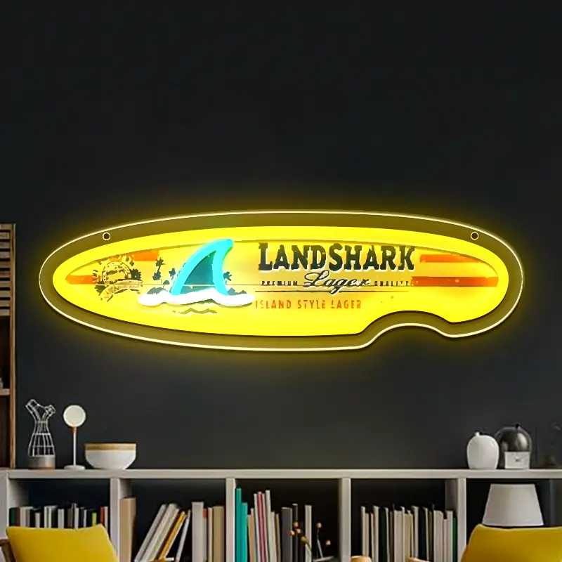 Landshark Lager Surfboard Lighted Sign - Distinctive High-End Island Style, Arc-Shaped Dimmable LED, UV-Printed, for Craft Beer Bars, Bar Dens, 3D Led Bar Speciality Plaques & Signs
