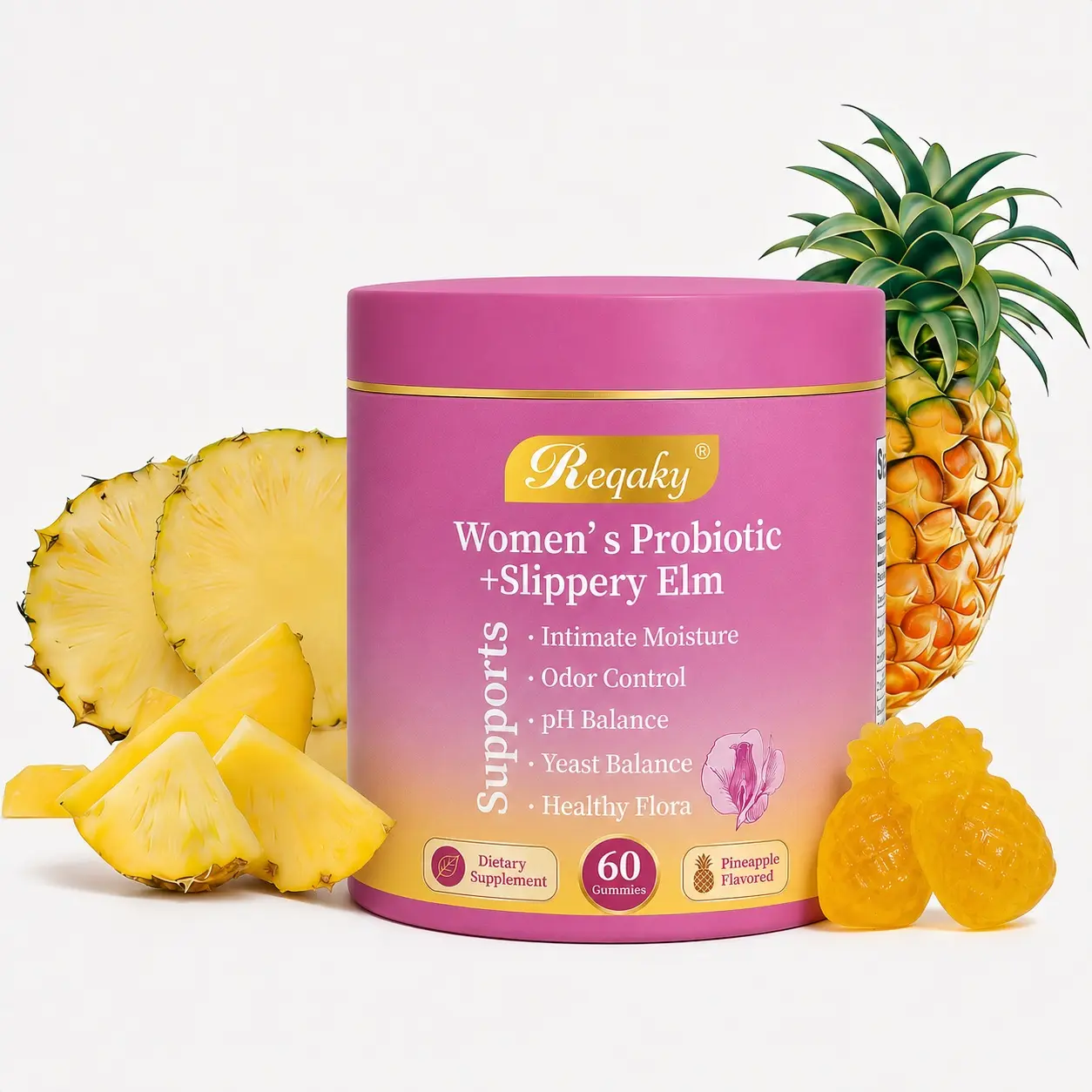 Reqaky Women's Daily Probiotic Dietary Supplement Gummies - Hawaiian Pineapple Flavor, 60 Count, Healthy Ingredients, Supports Intimate Moisture, Odor Control, Yeast Balance, Healthy pH Balance, Dryness Relief (Probiotics for Women Self Care Products)