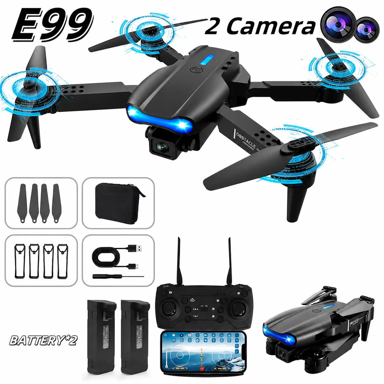 E99 Foldable Drone with Dual Camera, Altitude Hold & One-Key Takeoff/Landing, 360° Flips, Headless Mode – Portable RC Quadcopter for Beginners & Outdoor Fun